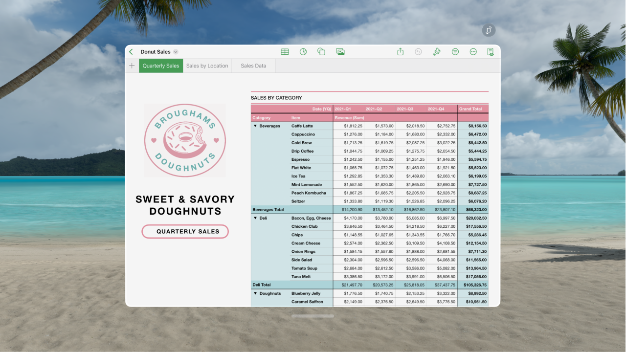 The Numbers app on Apple&nbsp;Vision&nbsp;Pro, showing an open spreadsheet and formatting controls at the top.