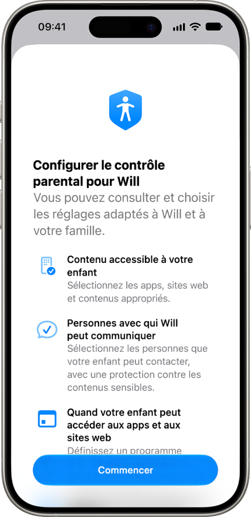 L’écran de configuration du contrôle parental avec les options de démarrage.