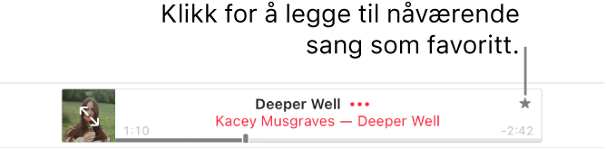 Toppen av Apple Music med en låt som spilles av. Klikk på Merk som favoritt-knappen til høyre for låttittelen for å merke låten som spilles, som favoritt.