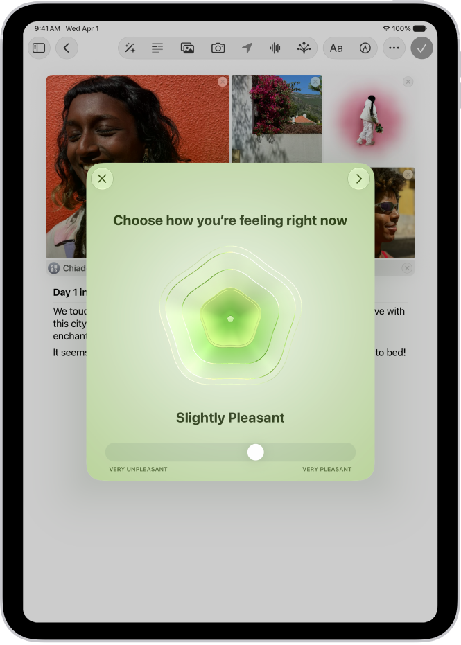 A screen in the Journal app showing a tile where you can log your state of mind.
