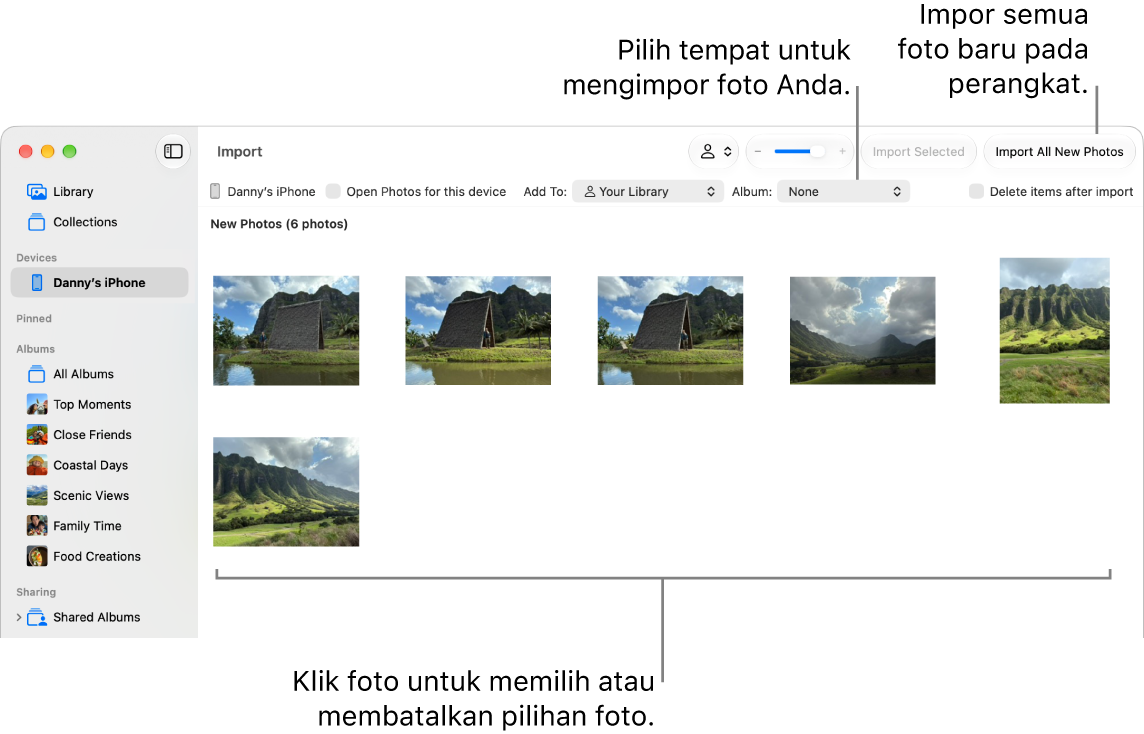 Jendela Impor di Foto di Mac yang menampilkan foto baru di perangkat. Di bagian tengah atas terdapat menu pop-up Album. Tombol Impor berada di kanan atas.