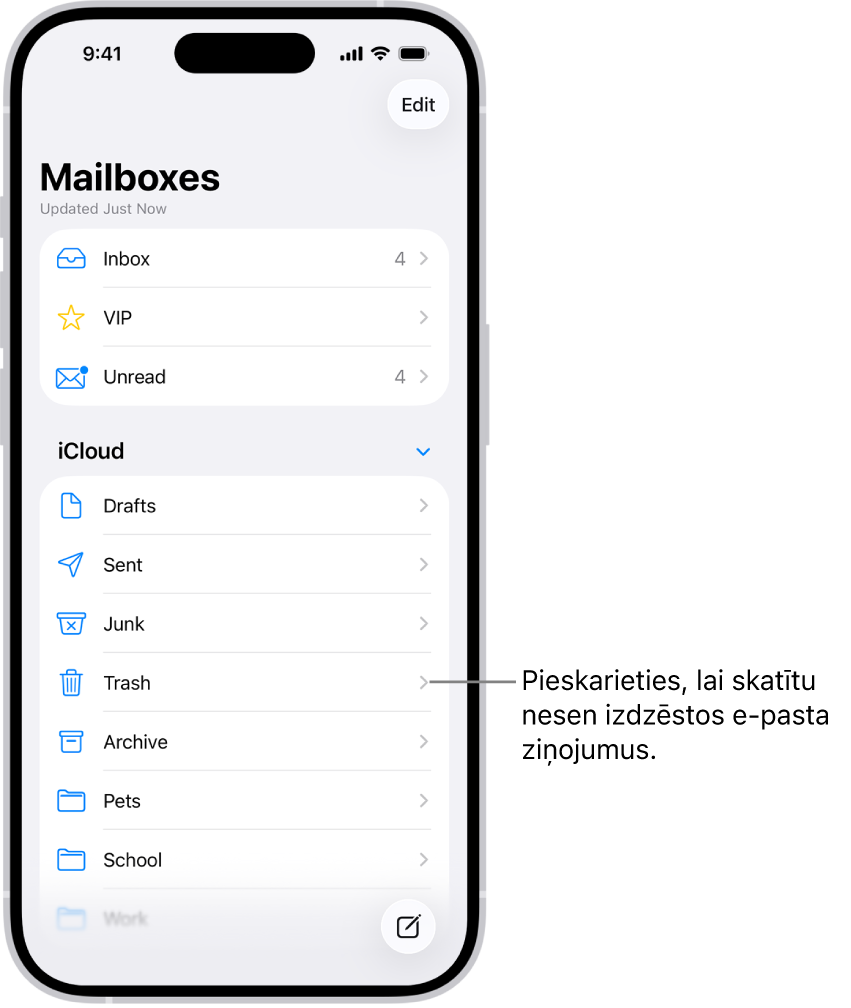 Mailboxes ekrāns. Sadaļā iCloud pastkastes ir uzskaitītas no augšas uz apakšu, ieskaitot Trash pastkasti. Pieskarieties tai, lai redzētu nesen dzēstus ziņojumus.