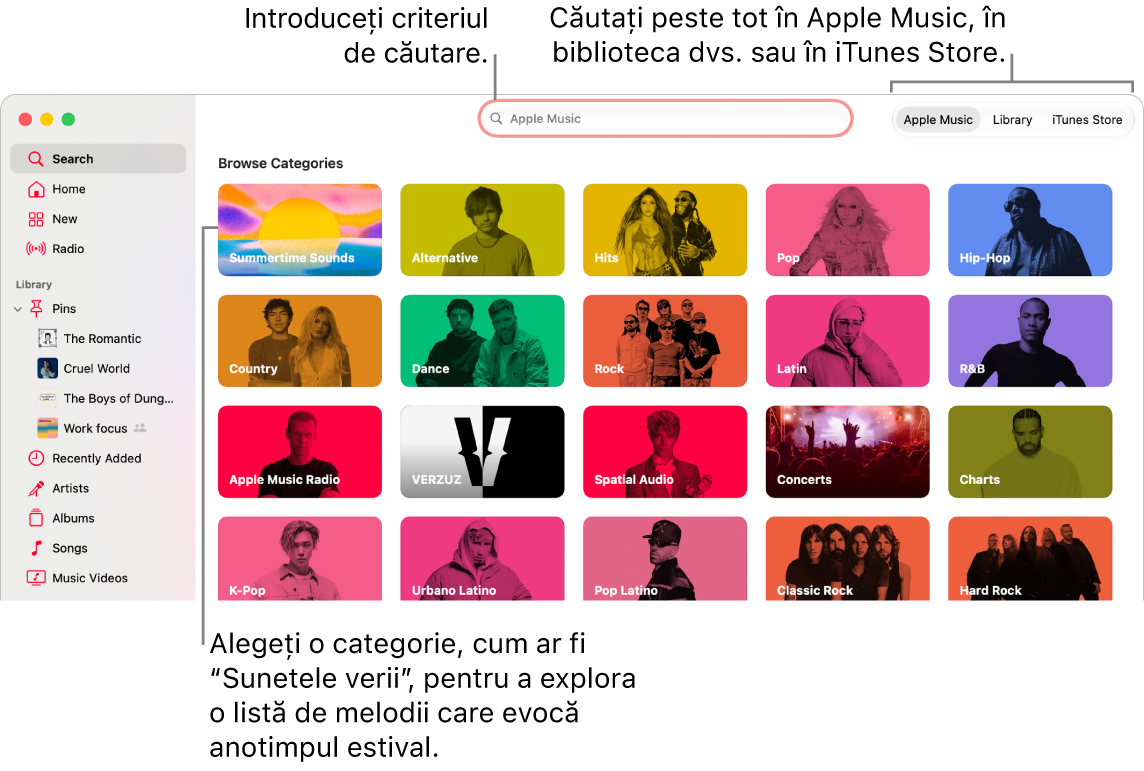 Fereastra Apple&nbsp;Music afișând câmpurile de căutare, lista de categorii în centrul ferestrei și Apple&nbsp;Music, Biblioteca dvs. și iTunes&nbsp;Store disponibile în colțul din dreapta sus. Introduceți criteriul de căutare în câmpul de căutare, apoi alegeți să căutați în întreg serviciul Apple&nbsp;Music, doar în biblioteca dvs. sau în iTunes&nbsp;Store.