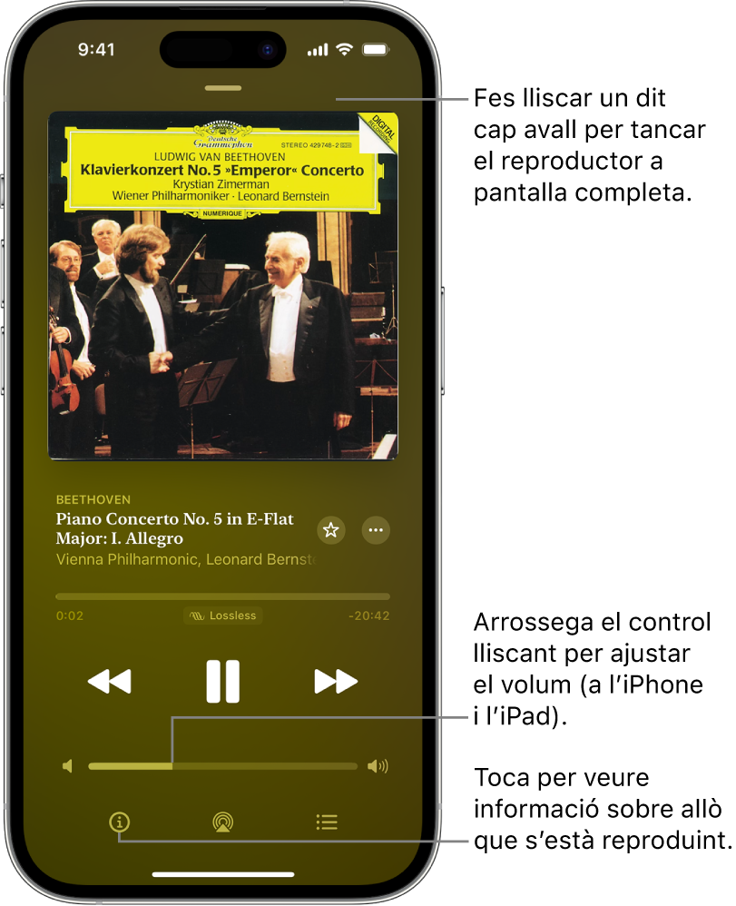 Un iPhone amb la pantalla “Now Playing” a l’app Apple Music Classical. A la part superior de la pantalla hi ha una barra gris que, en tocar‑la, oculta la pantalla “Now Playing” i torna a mostrar el minireproductor. A sota de la barra es mostra la il·lustració de l’àlbum, el nom de l’obra i la línia de temps, que mostra la durada de la pista i quant de temps ha transcorregut. A la part inferior de la pantalla es mostren els botons “Skip Backward”, “Pause” i “Skip Forward”, el control del volum i també els botons “Info”, “AirPlay” i “Playing Next”.
