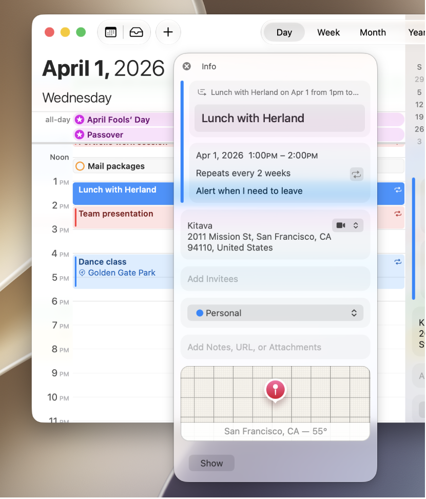 The Info window in the Calendar app, showing details for an event including the address, the date, and a map, along with sections for adding notes, URLs, and attachments.