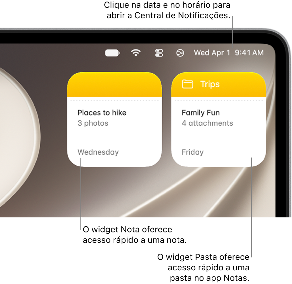 Dois widgets do app Notas: o widget Pasta mostra uma pasta no app Notas e o widget Nota mostra uma nota. Clique na data e hora na barra de menus para abrir a Central de Notificações.