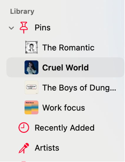 「ミュージック」のサイドバー。ライブラリの下にあるピン（アルバム、プレイリストなど）が表示されています。