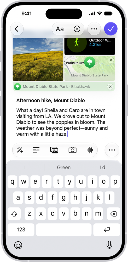 A screen in the Journal app showing photos and an entry in progress.