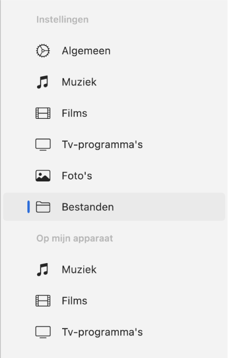 De navigatiekolom met 'Bestanden' geselecteerd.