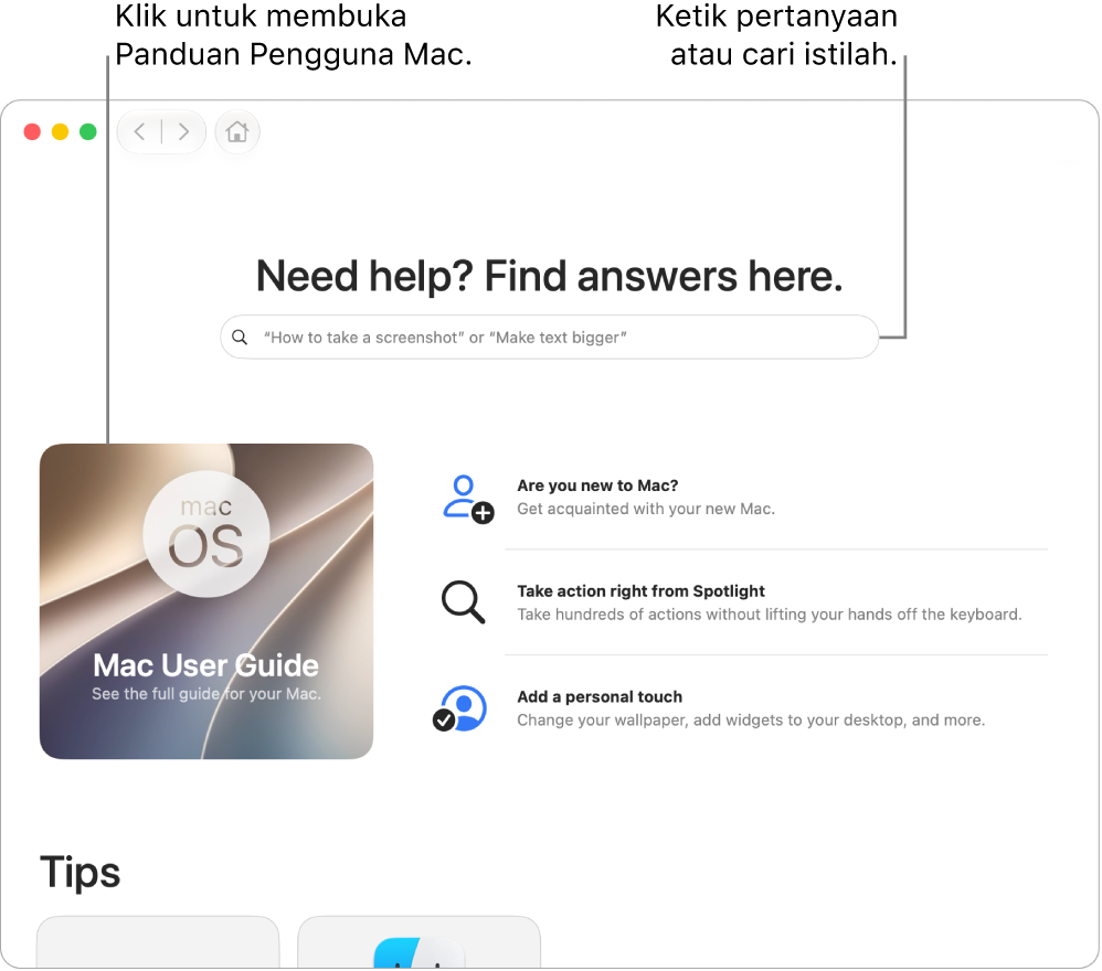 Halaman Awal App Kiat yang menampilkan Panduan Pengguna Mac, bidang pencarian, dan topik yang disarankan.
