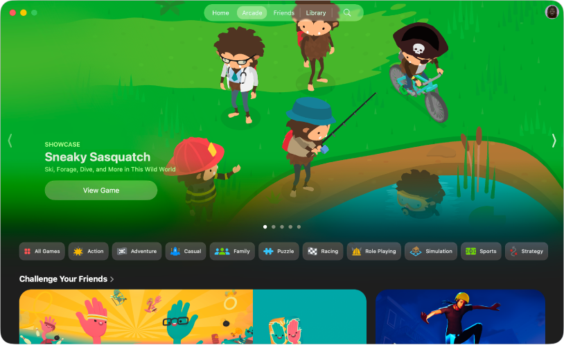 The Apple Games app showing the Arcade tab. The screen features promotional art for games like Sneaky Sasquatch and WHAT THE CLASH? and Skate City: New York.