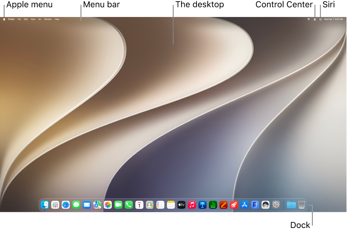 A Mac desktop with the menu bar at the top of the screen and the Dock at the bottom.