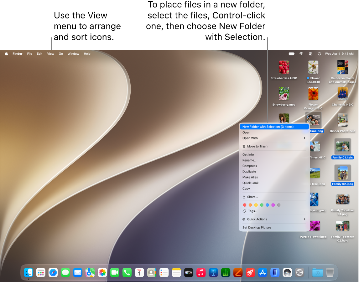 A desktop showing files and folders. Several files are selected to be placed in a new folder. A pop-up menu for a selected file appears, with New Folder with Selection chosen.