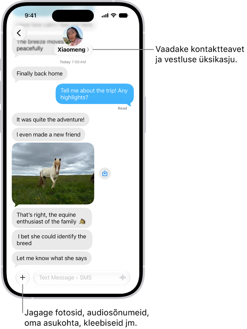 Rakenduse Messages vestlus. Ekraani ülaosas on inimese nimi, kellele sõnumeid saadate. Vestluse üksikasjade kuvamiseks puudutage tema nime. Alumises paremas nurgas on nupp Add.