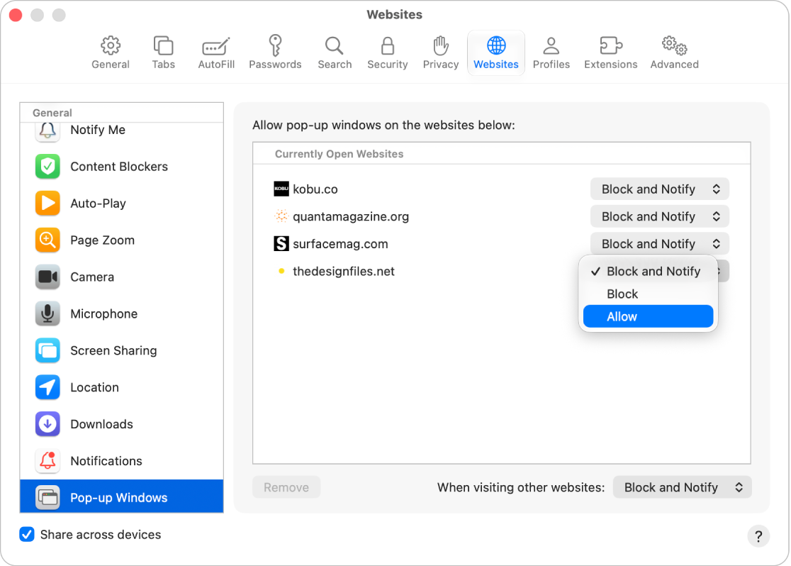 The Pop-up Windows option for Safari settings, with Allow selected for a configured website.