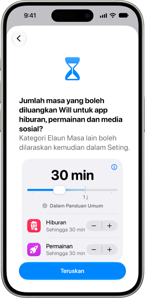 Skrin persediaan kawalan ibu bapa menunjukkan jumlah masa dibenarkan dalam kategori app seperti Media Sosial dan Hiburan.