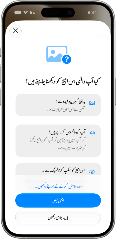 مواصلاتی تحفظ کی اسکرین پر امیج کے حساس ہونے کا انتباہ اور مدد حاصل کرنے کے اختیارات نظر آ رہے ہیں۔
