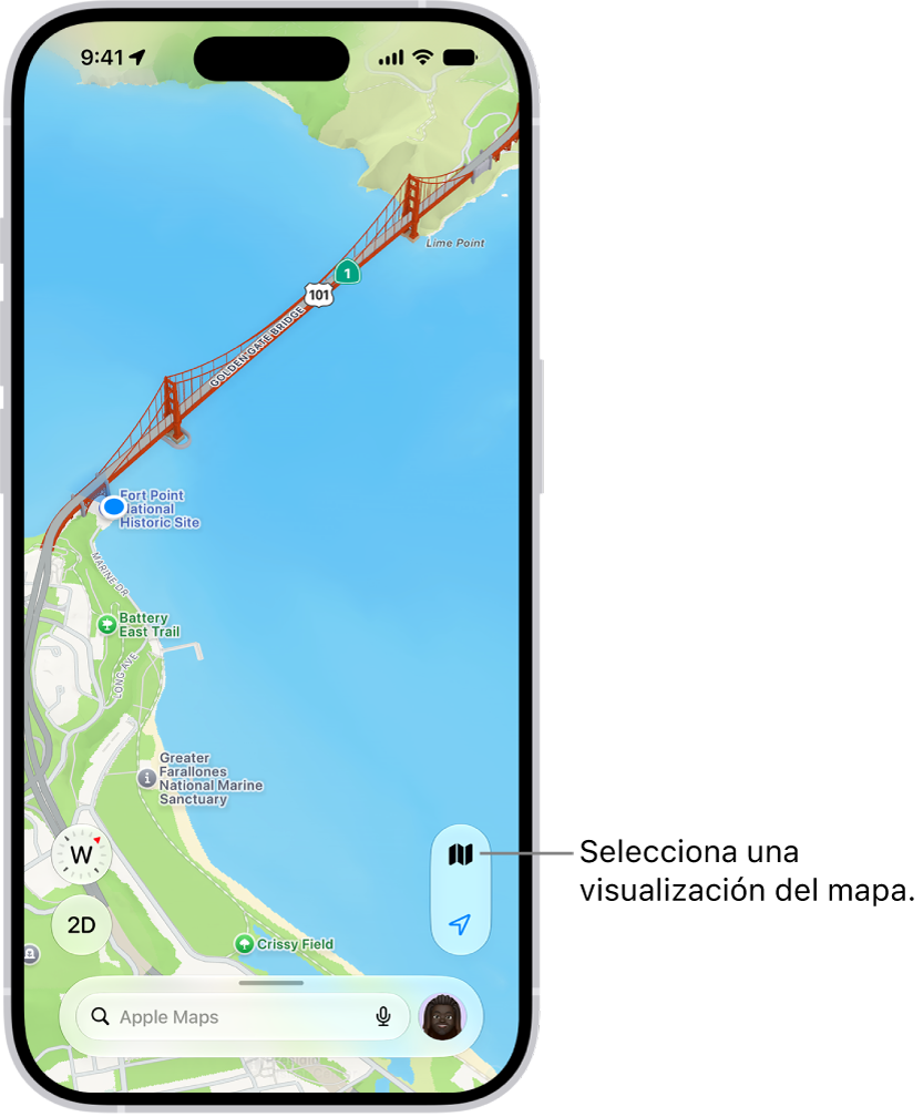 Mapa 3D con puntos de interés.