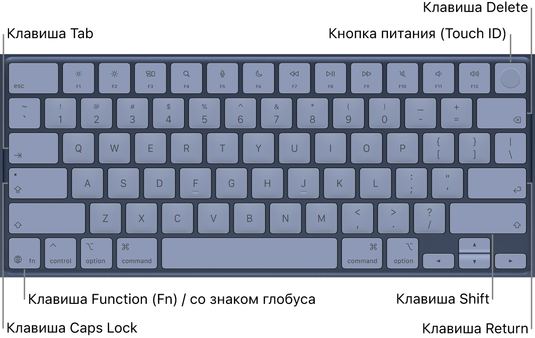 Клавиатура MacBook&nbsp;Neo: показана кнопка питания и&nbsp;Touch&nbsp;ID справа вверху, клавиша Function в&nbsp;левом нижнем углу, а&nbsp;также клавиши Tab, Caps&nbsp;Lock, Shift, Delete и&nbsp;Return.
