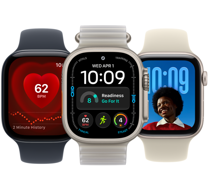 From left to right, an Apple Watch showing the Heart Rate app, an Apple Watch Ultra showing the Modular Ultra watch face, and an Apple Watch showing the Photos watch face.