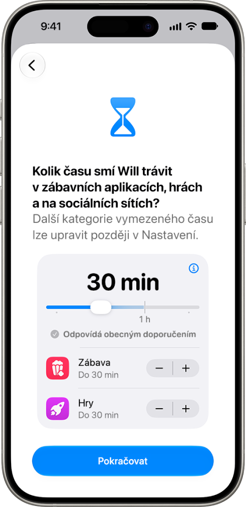 Obrazovka nastavení rodičovského dohledu s&nbsp;informacemi o&nbsp;vymezeném čase pro kategorie aplikací, jako jsou Sociální sítě a&nbsp;Zábava.