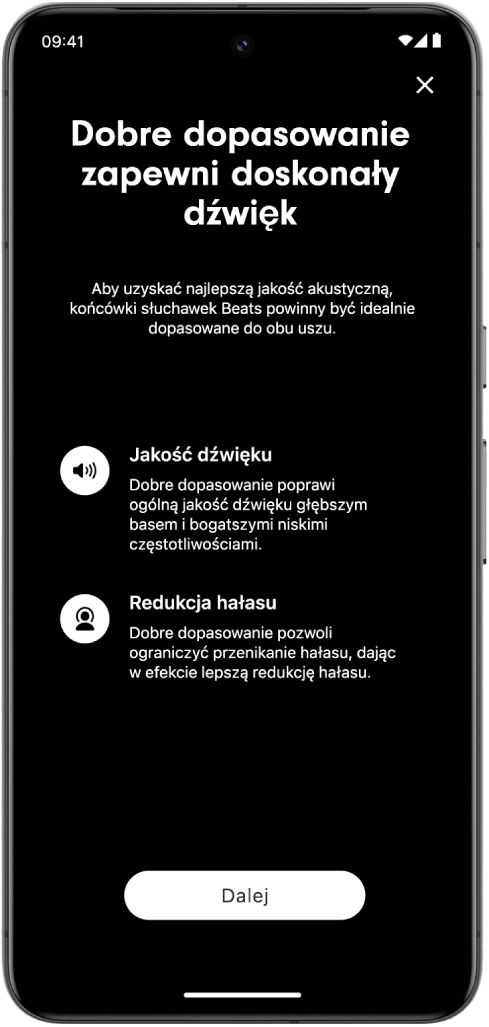 Ekran urządzenia Android wyświetlający test dopasowania końcówek.