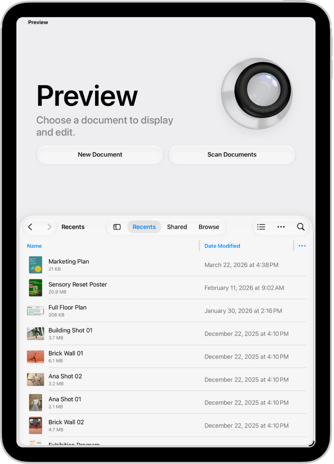 The main screen of the Preview app, showing PDFs and images. Toward the bottom of the screen are the Recents, Shared, and Browse tabs.