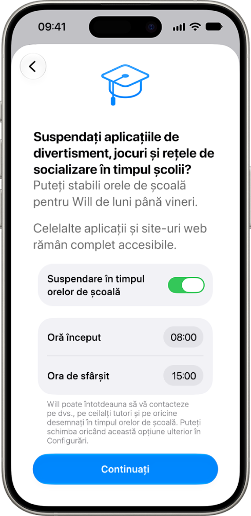 Ecranul de configurare a controalelor parentale afișând orele în care utilizarea dispozitivului ar trebui suspendată în timpul orelor de școală.