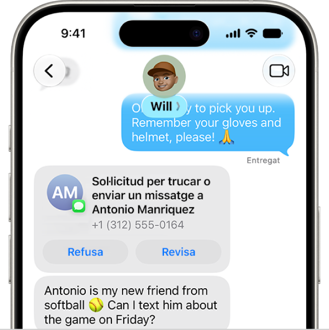 Una sol·licitud per missatge d’un infant per afegir un contacte nou.