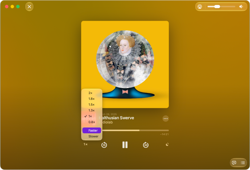 The Now Playing screen in the Podcasts app, showing episode information and playback controls.