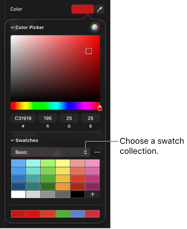 The color picker, with the swatch collection pop-up menu.