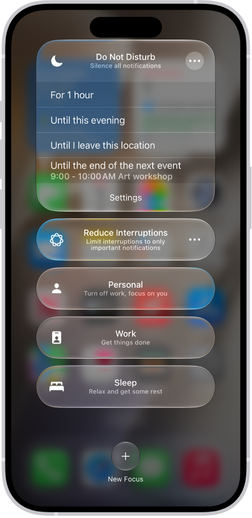 The screen for choosing how long to leave on Do Not Disturb—the options are “For 1 hour,” “Until this evening,” and “Until I leave this location.”
