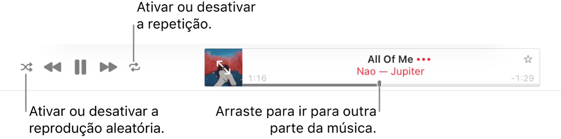 A parte superior de Apple Music com uma música a ser reproduzida. Os controlos de reprodução encontram‑se à esquerda. O botão “Aleatório” encontra‑se à esquerda dos controlos de reprodução e o botão “Repetir” está à direita dos controlos. Arraste o cursor de reprodução para ir para uma parte diferente da música.