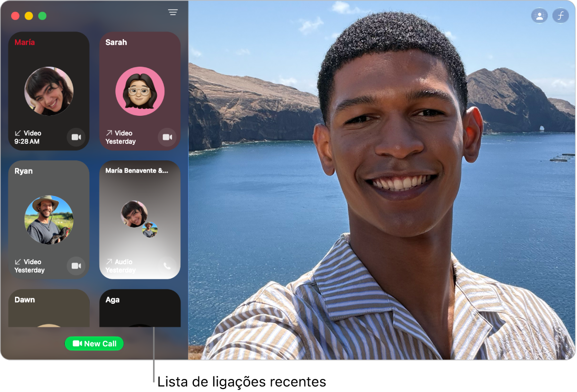 Janela do FaceTime mostrando uma lista de chamadores recentes à esquerda.