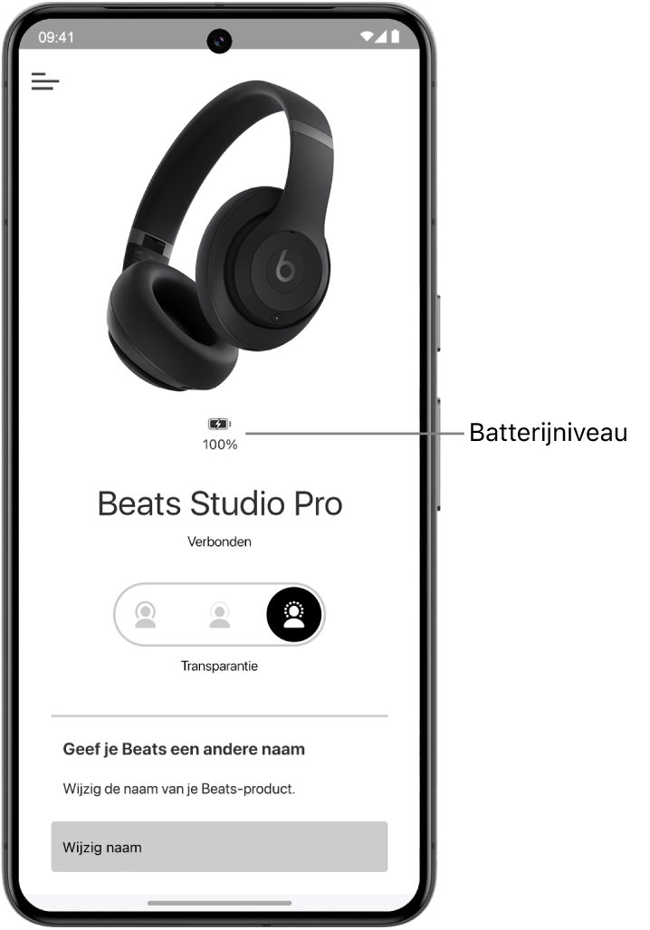 Het apparaatscherm van de Beats-app waarin het batterijniveau van een verbonden Beats&nbsp;Solo&nbsp;4-koptelefoon te zien is.