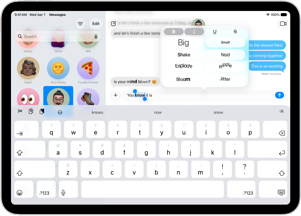 A Messages conversation with a word selected in the text field, and formatting and effects options shown above it. The selected text appears with a preview of the effect.