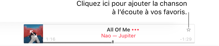 Le haut de la fenêtre d’Apple Music avec une chanson en cours de lecture. Cliquez sur le bouton Favoris à droite du titre de la chanson à l’écoute pour ajouter celle-ci aux favoris.