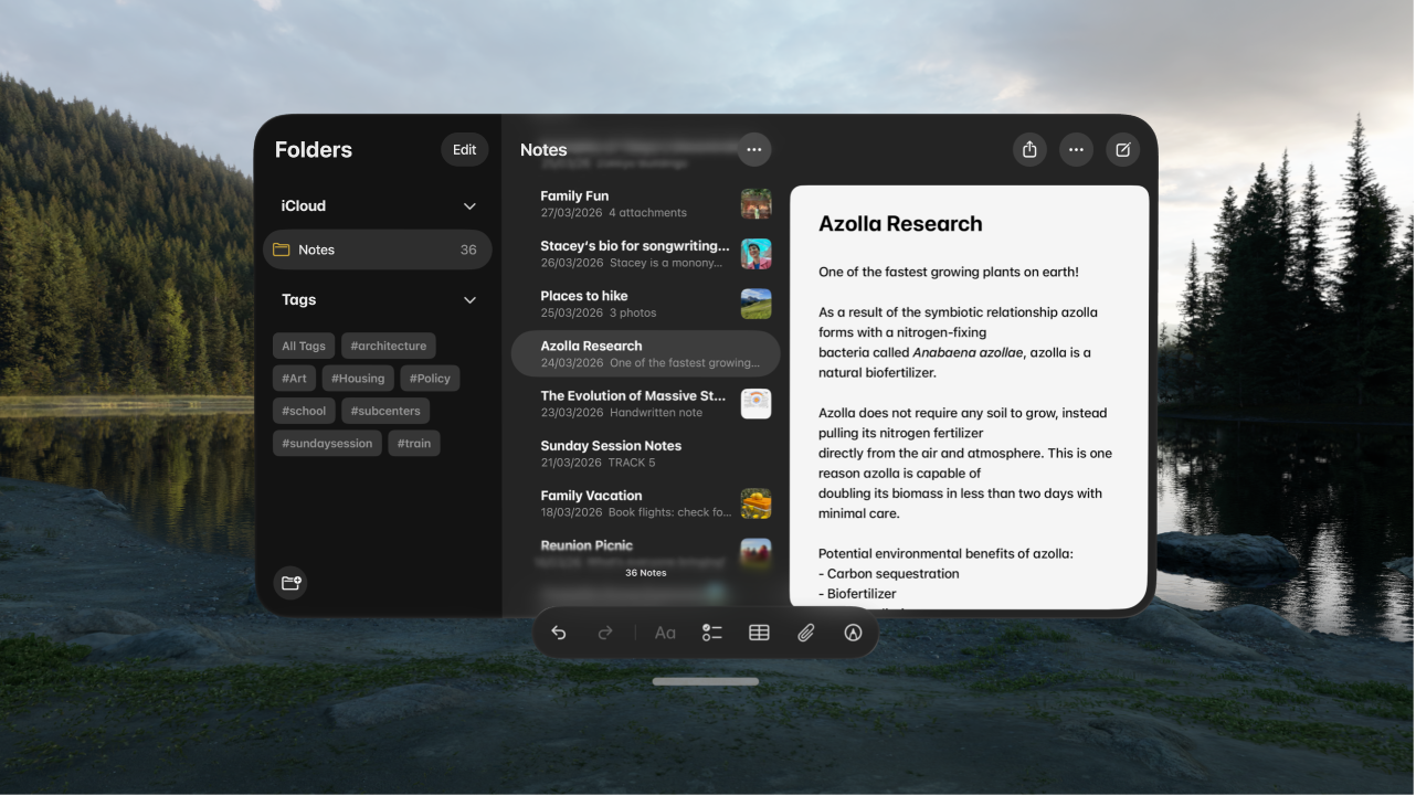 A user’s view on Apple&nbsp;Vision&nbsp;Pro. An app window is visible, and an Environment is showing in the background.