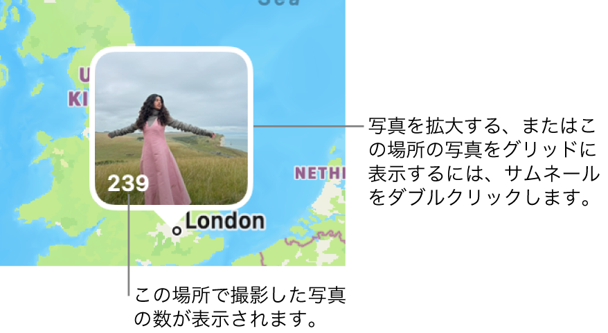 地図上の写真サムネール。左下隅にはその場所で撮影された写真の数を示す数字があります。