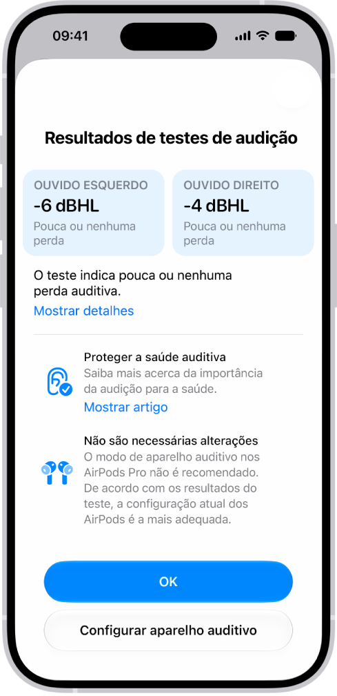 Resultados de um Teste auditivo no iPhone, a mostrar perda auditiva ligeira a moderada em ambos os ouvidos. Na parte informação encontram-se opções para tocar em “OK” ou “Configurar aparelho auditivo”.