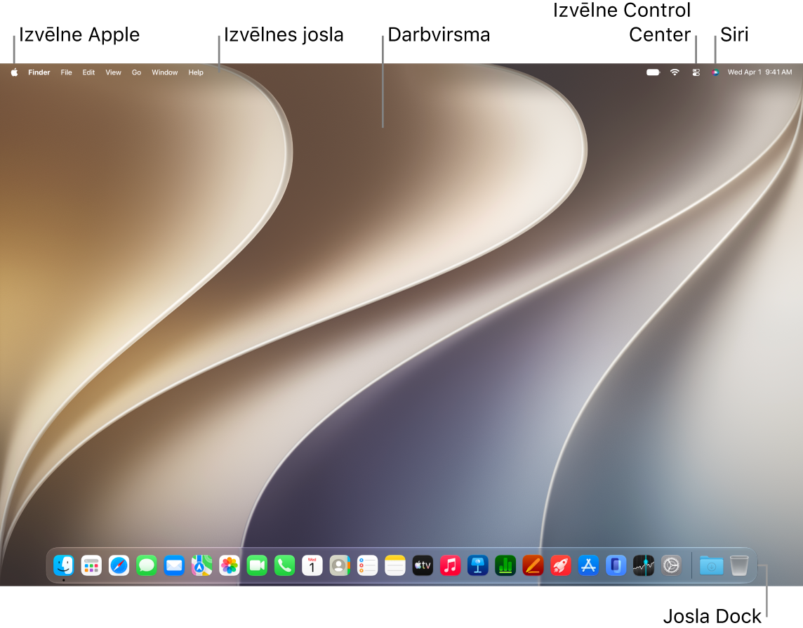 Mac darbvirsma ar izvēlnes joslu ekrāna augšējā daļā un uz Dock apakšējā daļā.