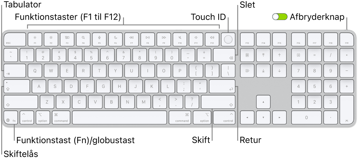 Magic Keyboard med Touch ID og numerisk blok, som viser rækken med funktionstaster og Touch ID øverst samt Funktionstasten (Fn)/globustasten nederst til venstre.