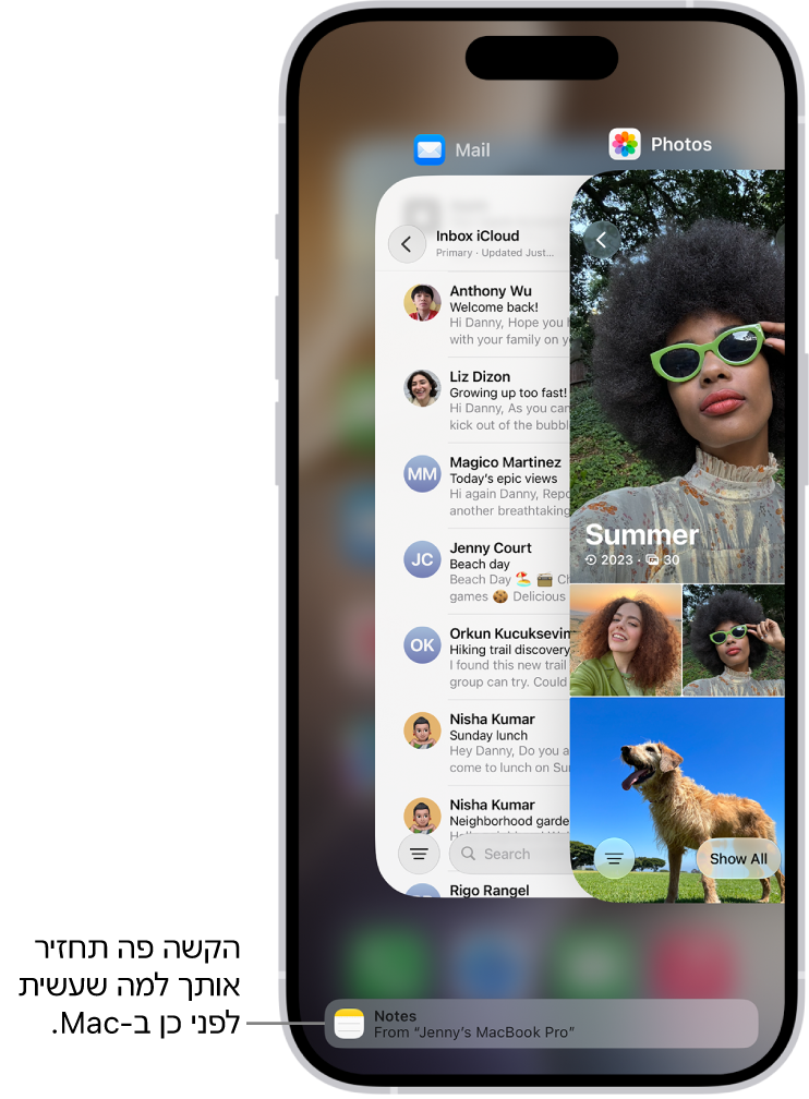 מחליף היישומים ב-iPhone מציג הודעת Handoff בתחתית המסך.
