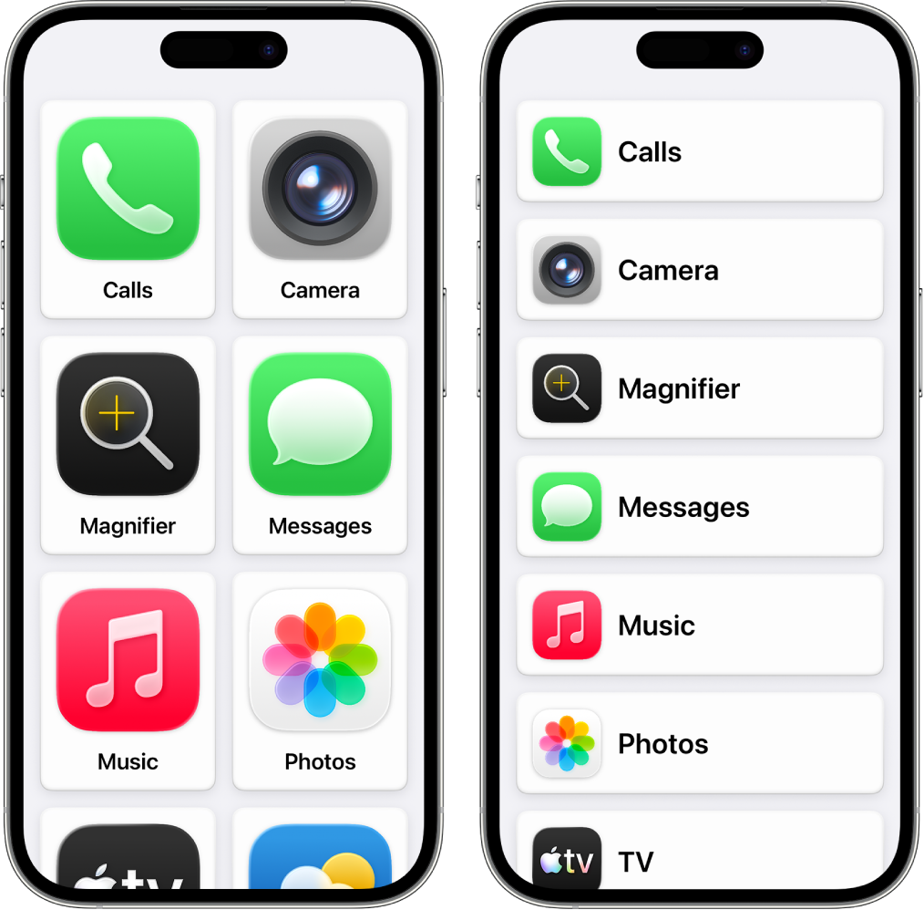 Two iPhone screens showing the Assistive Access Home Screen. One iPhone shows a large grid of just a few apps. The other shows many apps in a list.