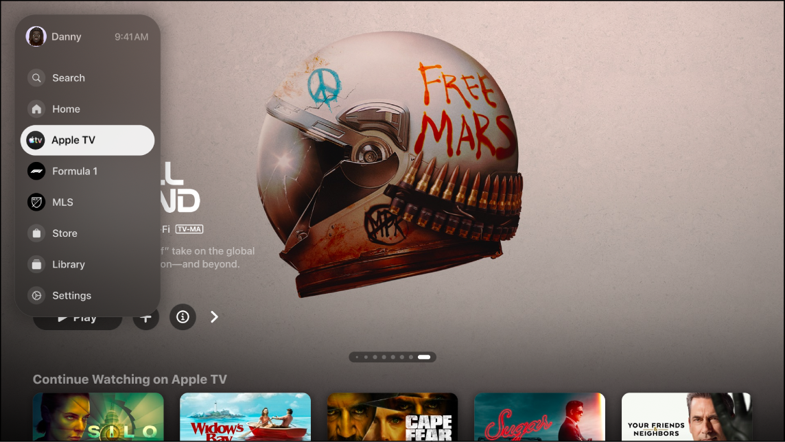 Screen showing the sidebar in the Apple TV app.