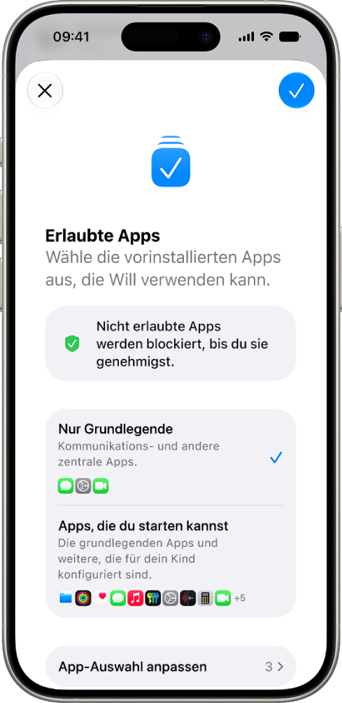 Der Bildschirm „Erlaubte Apps“ mit Optionen, um nur wichtige Apps zu erlauben.