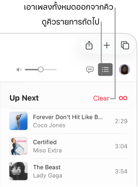 ปุ่มรายการถัดไปที่มุมขวาบนสุดของ Apple Music ถูกเลือกอยู่ และคิวก็แสดงให้เห็น คลิกลิงก์ล้างที่ด้านบนสุดของรายการเพื่อเอาเพลงทั้งหมดออกจากคิว