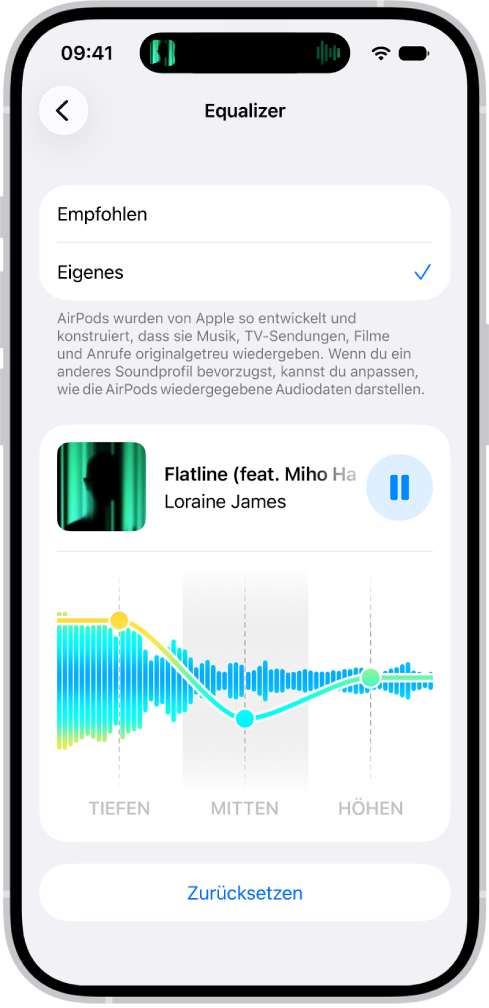 Auf einem iPhone-Bildschirm ist „Equalizer“ auf „Benutzerdefiniert“ eingestellt und darunter befinden sich die Schieberegler „Tief“, „Mitte“ und „Hoch“.