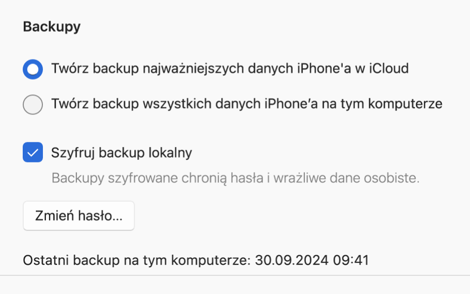 Okno aplikacji Urządzenia Apple wyświetlające opcje tworzenia backupu urządzenia Apple oraz odtwarzania go.
