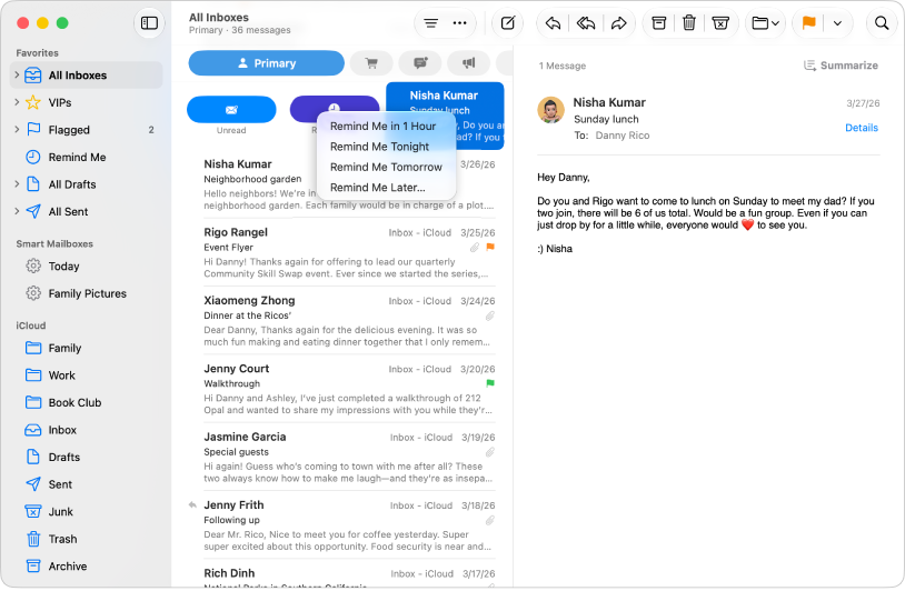 A Mail window showing various reminder options.